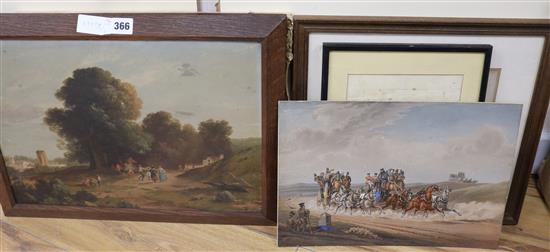 Edmund Gill, overpainted print, The Village Festie, label verso, and sundry pictures 30 x 42cm.